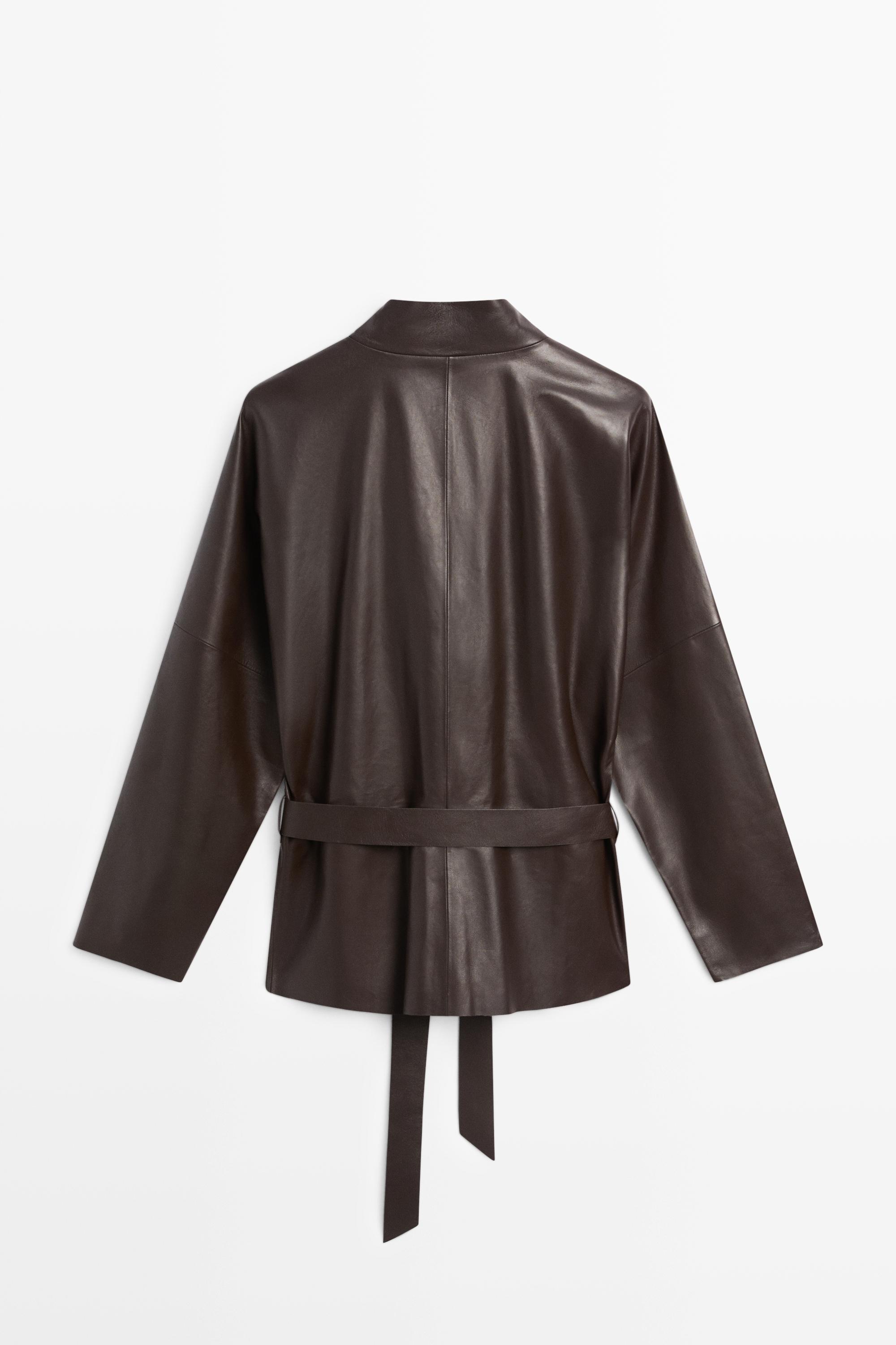 Veste croisée à nouer en cuir nappa